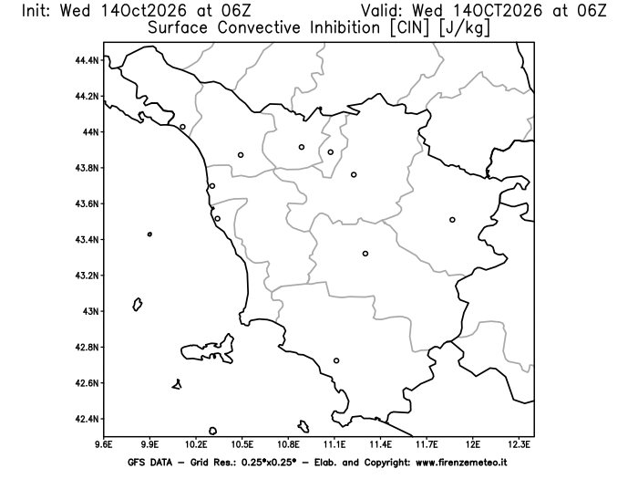 Mappa di analisi GFS - CIN in Toscana
del 14 ottobre 2026 z06