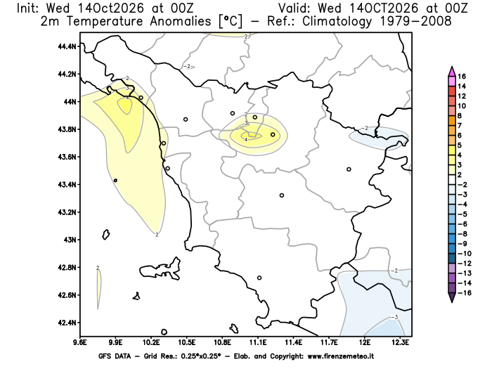 Mappa di analisi GFS - Anomalia Temperatura a 2 m in Toscana
del 14 ottobre 2026 z00