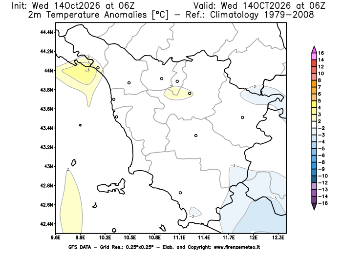 Mappa di analisi GFS - Anomalia Temperatura a 2 m in Toscana
del 14 ottobre 2026 z06