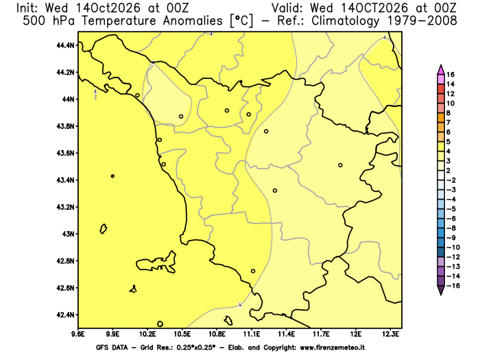 Mappa di analisi GFS - Anomalia Temperatura a 500 hPa in Toscana
del 14 ottobre 2026 z00