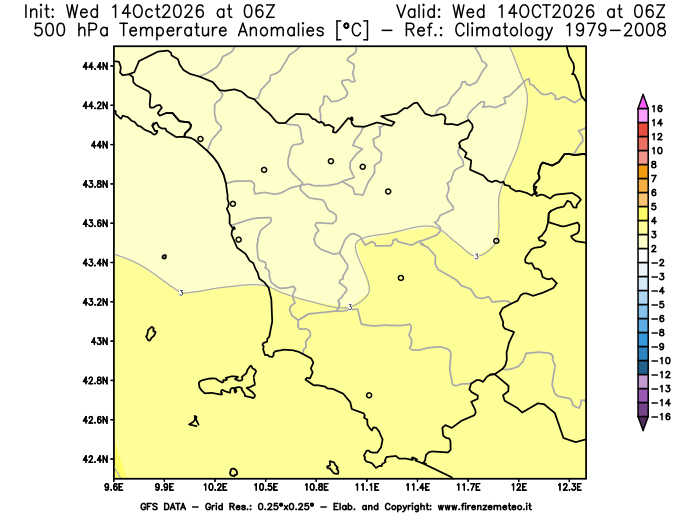 Mappa di analisi GFS - Anomalia Temperatura a 500 hPa in Toscana
del 14 ottobre 2026 z06