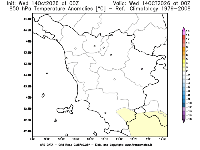 Mappa di analisi GFS - Anomalia Temperatura a 850 hPa in Toscana
del 14 ottobre 2026 z00