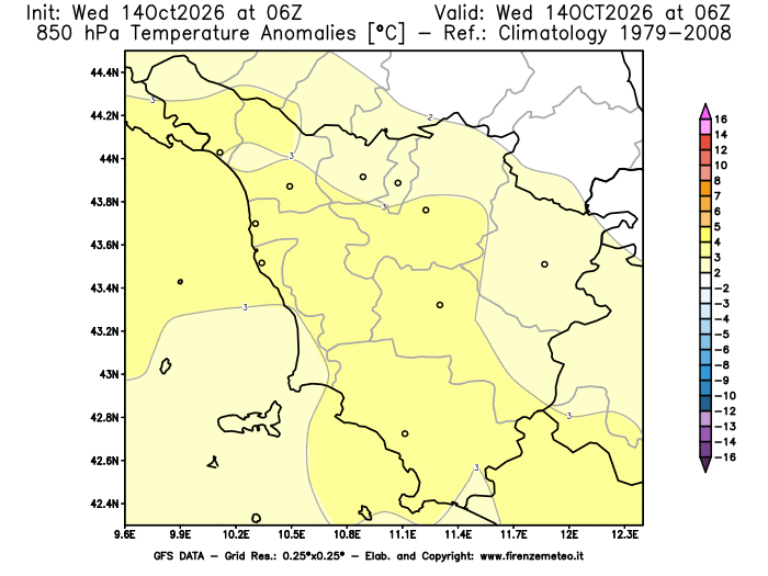 Mappa di analisi GFS - Anomalia Temperatura a 850 hPa in Toscana
del 14 ottobre 2026 z06