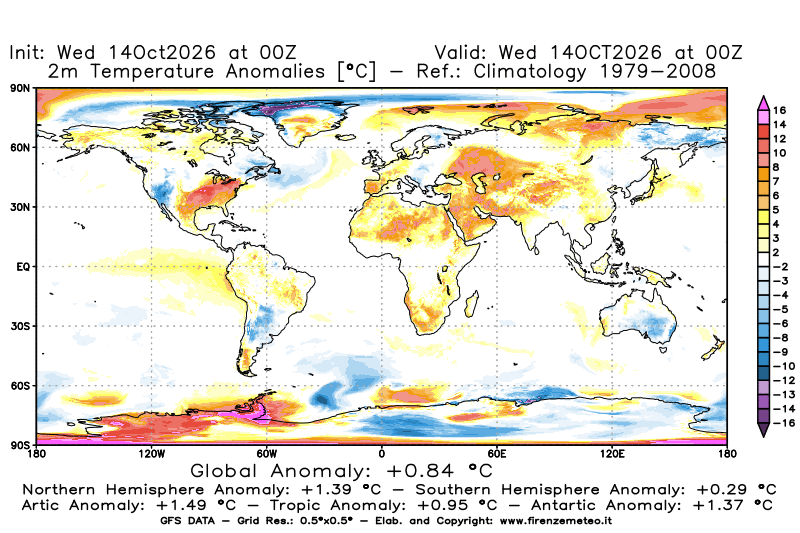 Mappa di analisi GFS - Anomalia Temperatura a 2 m in World
del 14 ottobre 2026 z00
