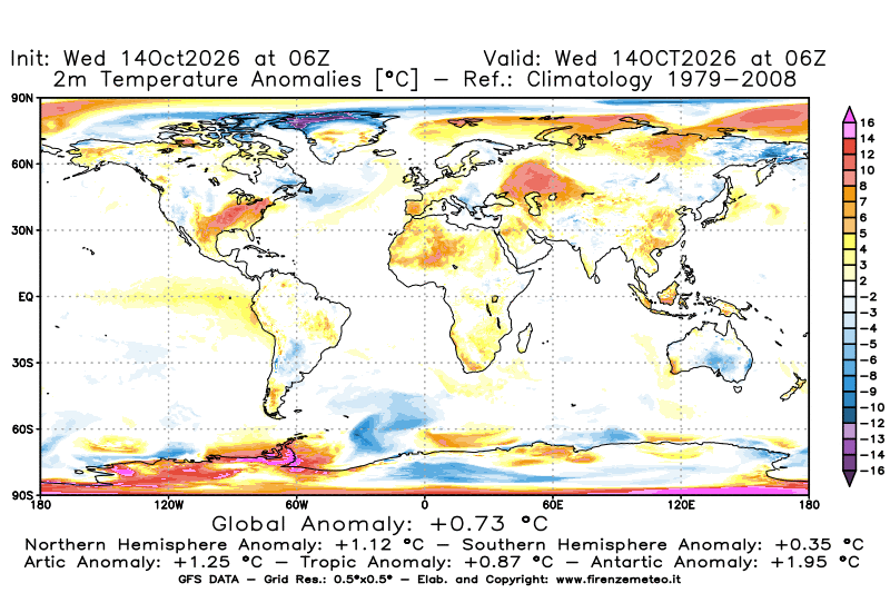 Mappa di analisi GFS - Anomalia Temperatura a 2 m in World
del 14 ottobre 2026 z06