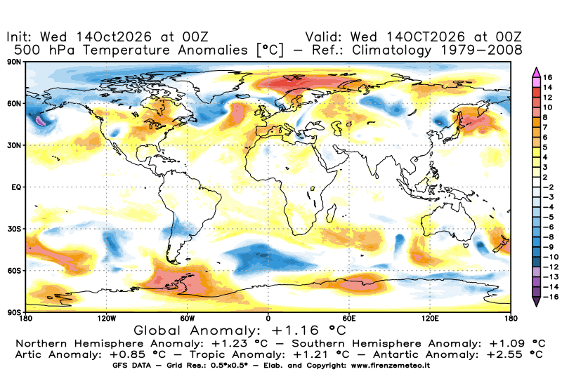 Mappa di analisi GFS - Anomalia Temperatura a 500 hPa in World
del 14 ottobre 2026 z00