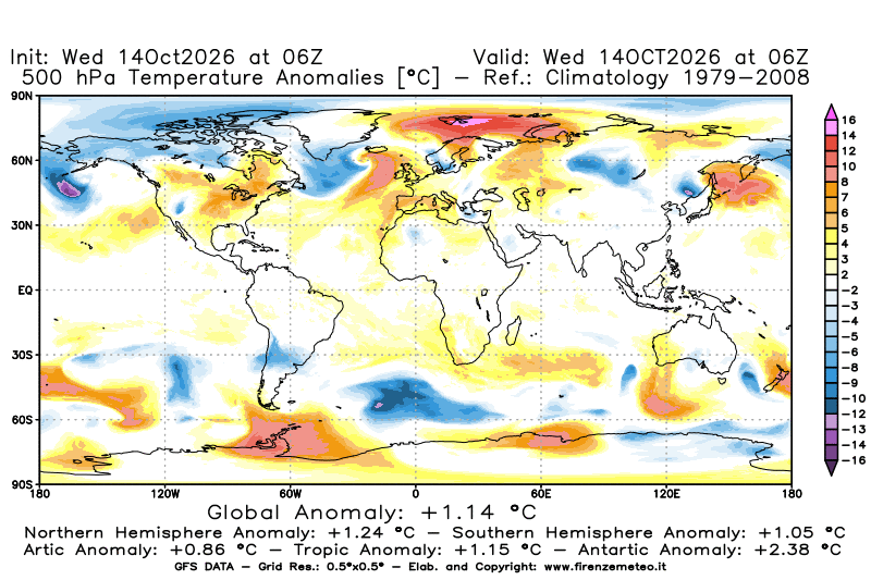 Mappa di analisi GFS - Anomalia Temperatura a 500 hPa in World
del 14 ottobre 2026 z06