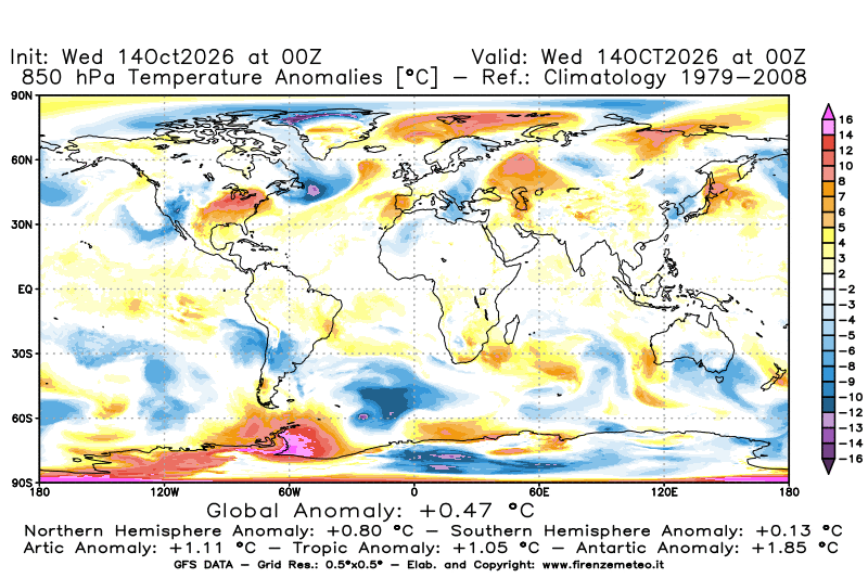 Mappa di analisi GFS - Anomalia Temperatura a 850 hPa in World
del 14 ottobre 2026 z00
