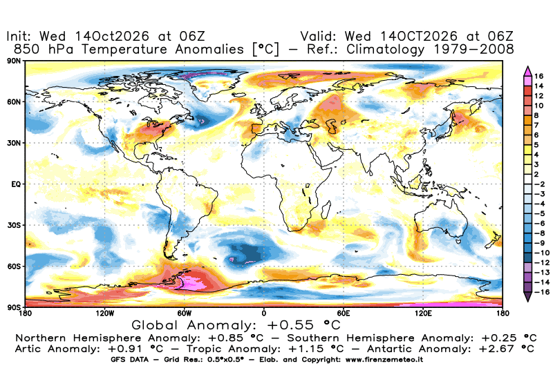Mappa di analisi GFS - Anomalia Temperatura a 850 hPa in World
del 14 ottobre 2026 z06