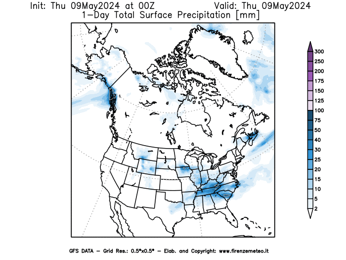 mappa meteo GFS Precipitazioni cumulate in 1 giorno solare  