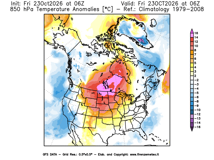 mappa meteo GFS Anomalia Temperatura a 850 hPa 