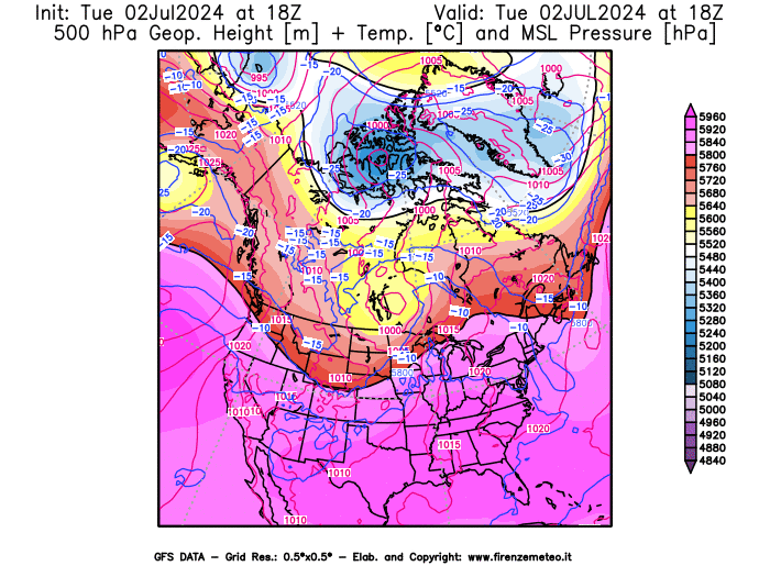 weather map GFS 500 hPa Geopotential + Temperature + Pressure 