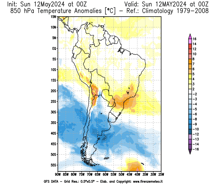 mappa meteo GFS Anomalia Temperatura a 850 hPa 