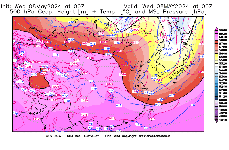 weather map GFS 500 hPa Geopotential + Temperature + Pressure 