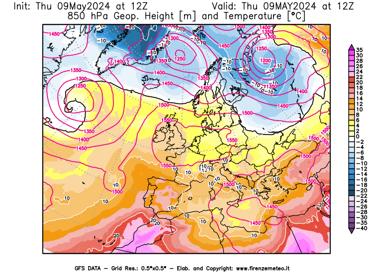 weather map GFS Geopotential and Temperature at 850 hPa, 