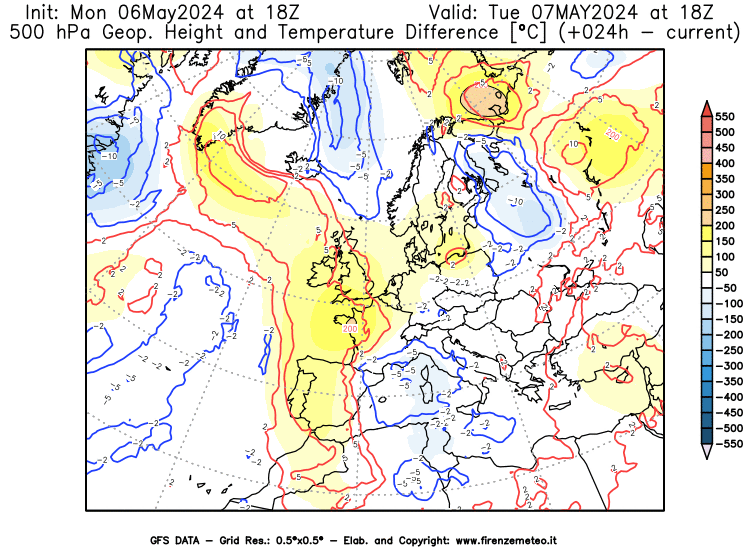 weather map GFS Air temperature and Geopotenziale trend at 500 hPa 