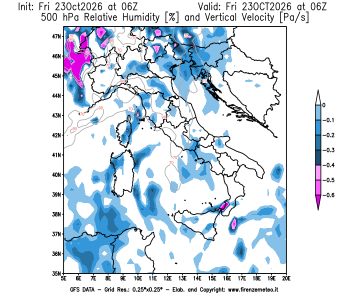 weather map GFS Humidity and Vertical Velocity at 500 hPa 