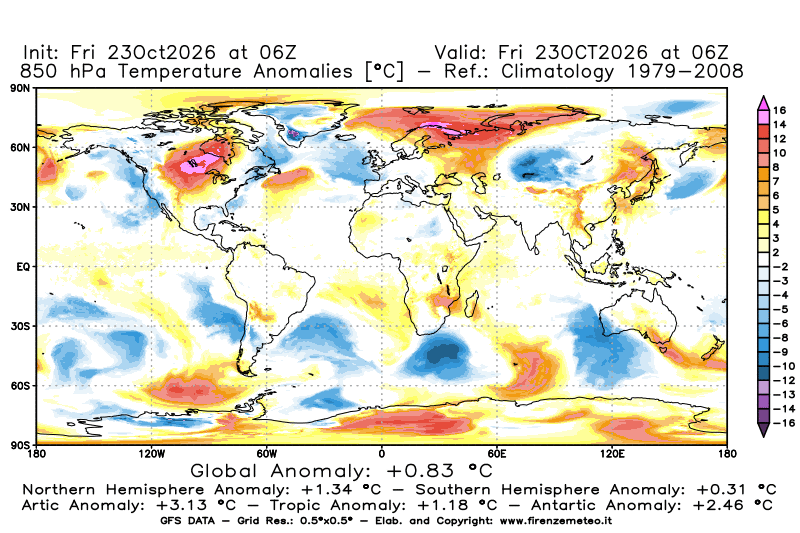 mappa meteo GFS Anomalia Temperatura a 850 hPa 